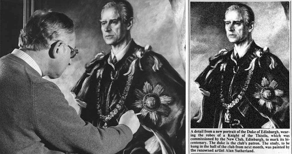 Portrait painter Alan Sutherland working on portrait of Prince Philip